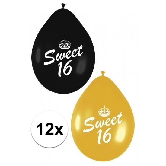 12x Leeftijd versiering 16 jaar ballonnen zwart/goud