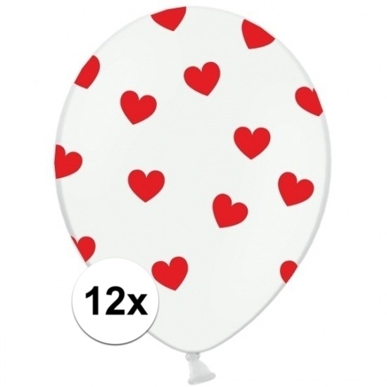 12x witte ballonnen met rode hartjes 12 x