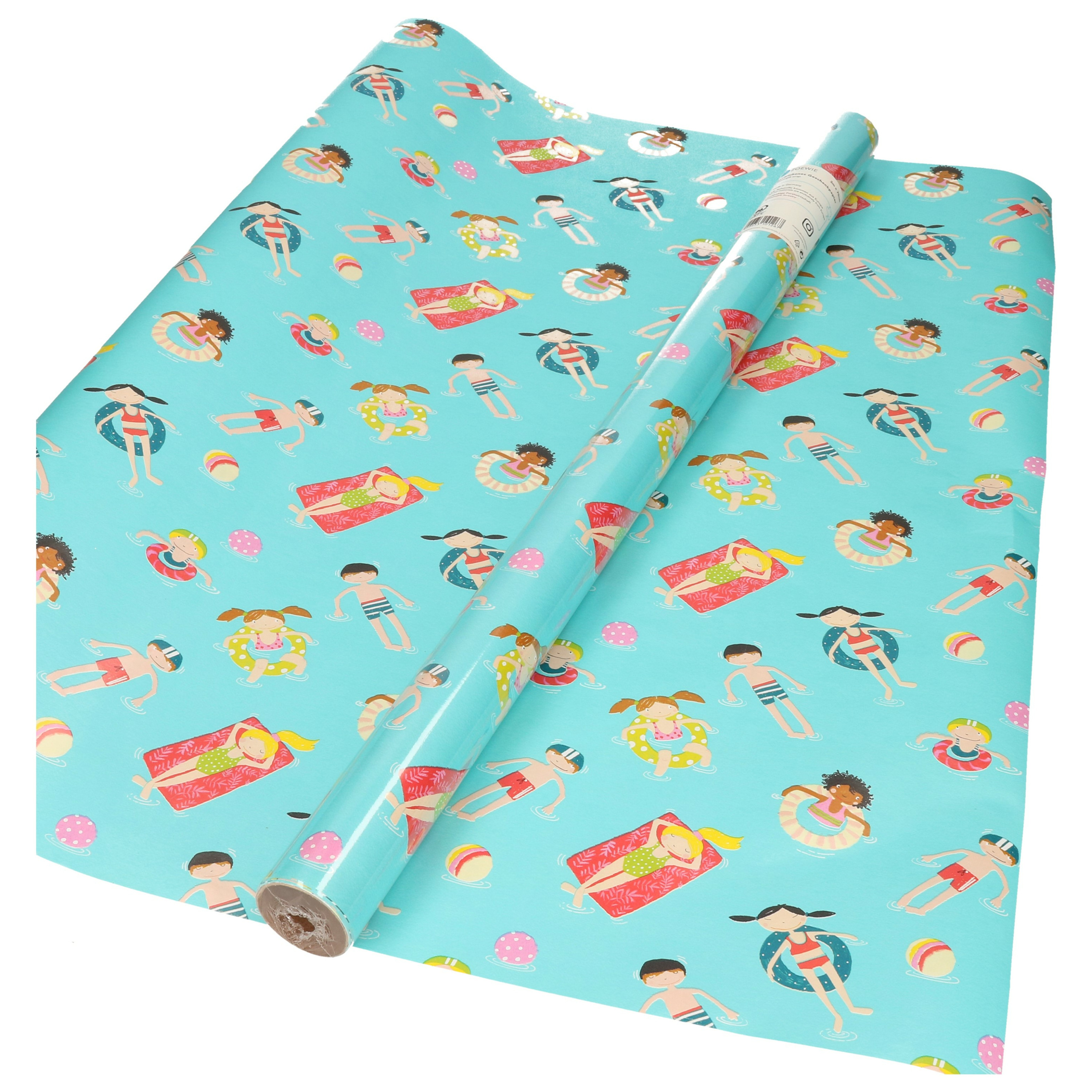 1x Inpakpapier / cadeaupapier blauw met zwemmende kinderen thema 200 x 70 - cadeaupapier zwemmen