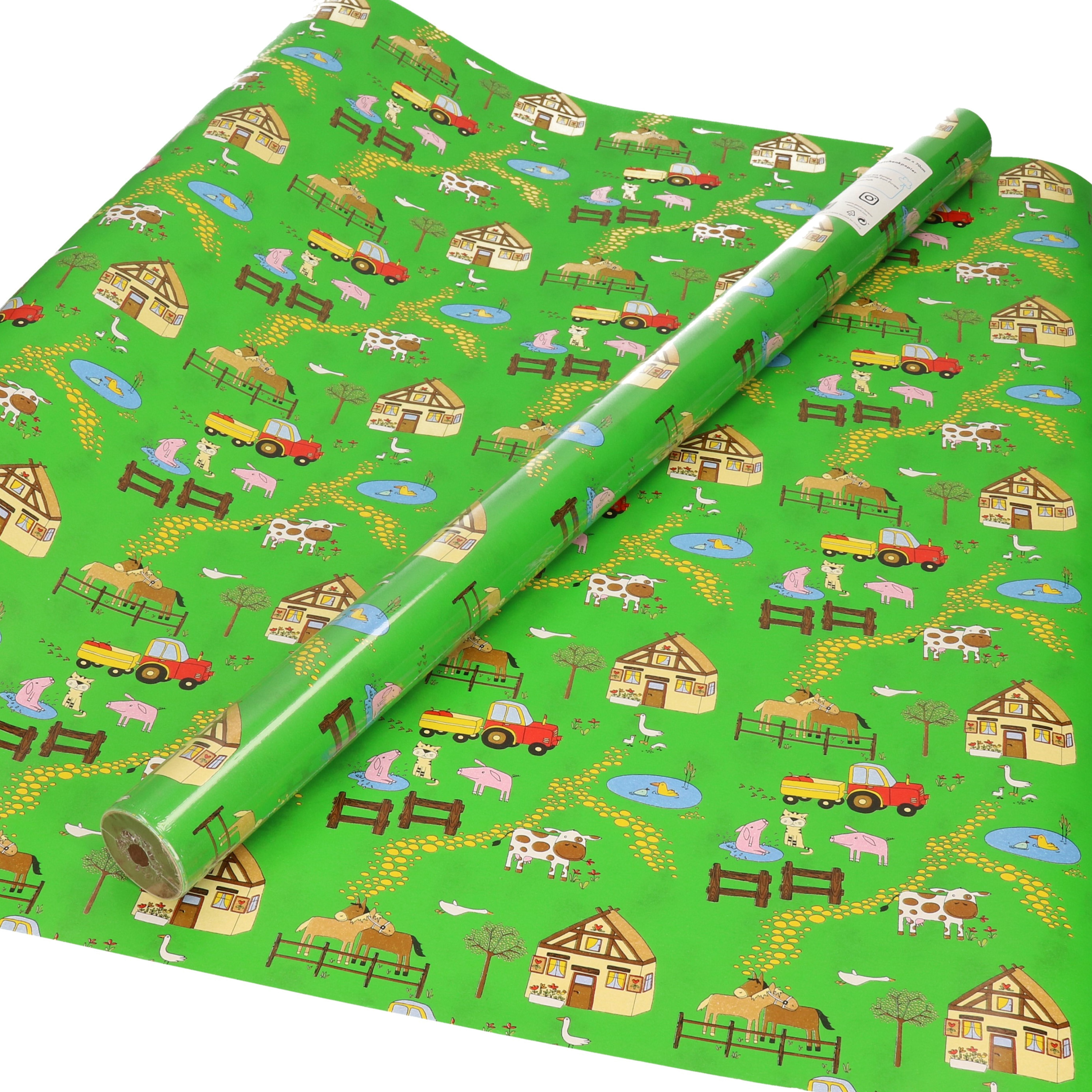 1x Inpakpapier / cadeaupapier groen met boerderij thema 200 x 70 - cadeaupapier boerderij dieren