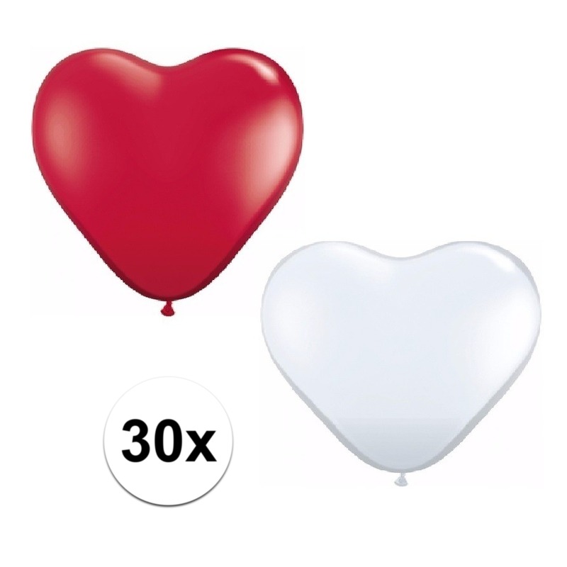 30x huwelijk ballonnen wit / rood hartjes versiering -