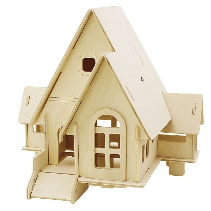 3D houten huis met puntdak constructie set -