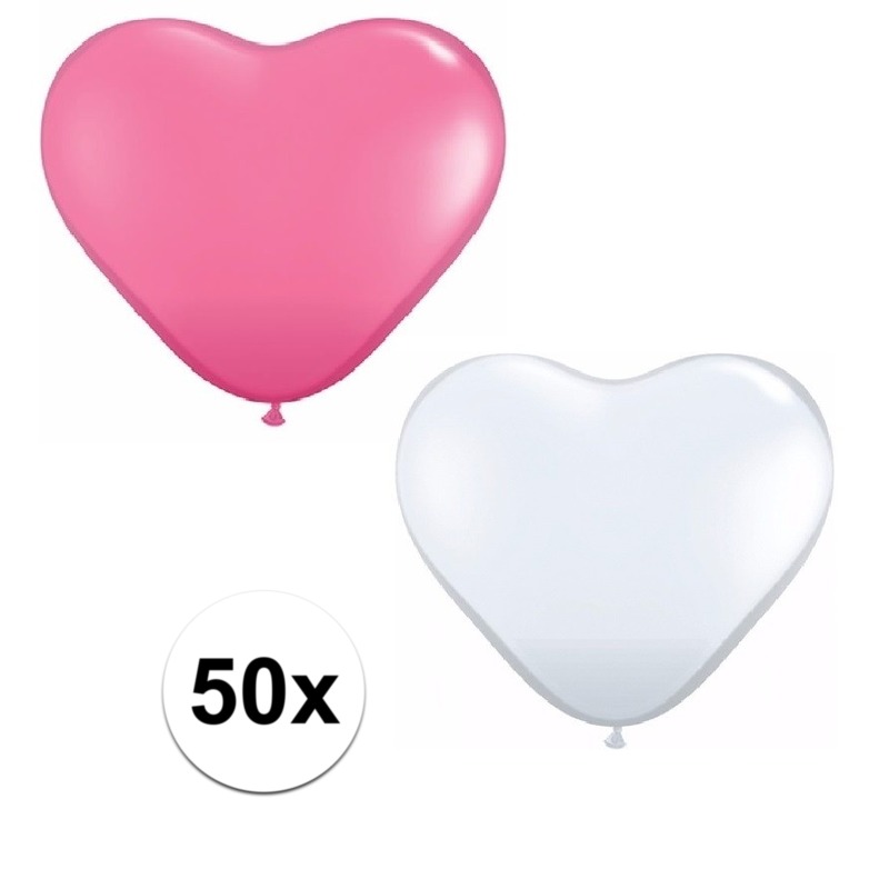 50x huwelijk / valentijn ballonnen wit / roze hartjes versiering -