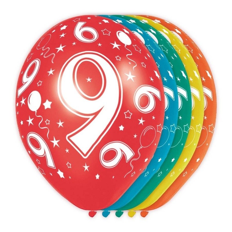 5x Gekleurde 9 jaar ballonnen 30 cm -