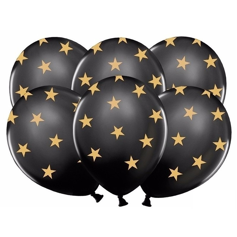 6 zwarte ballonnen met gouden sterretjes