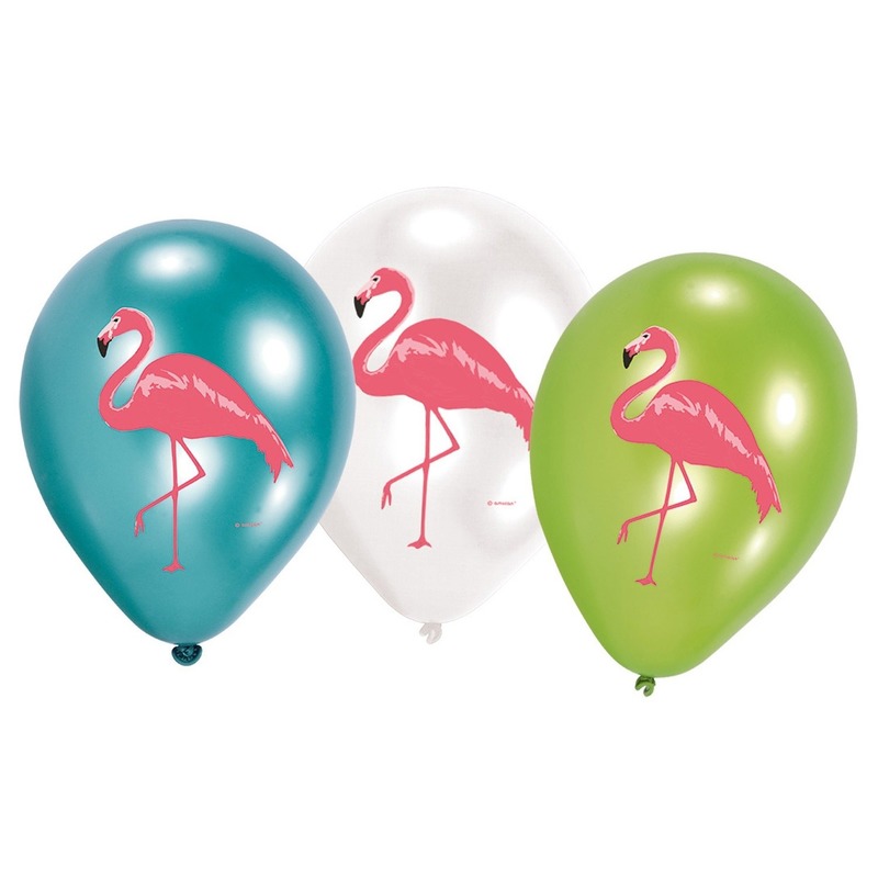 6x Flamingo feest ballonnen blauw/groen/wit -