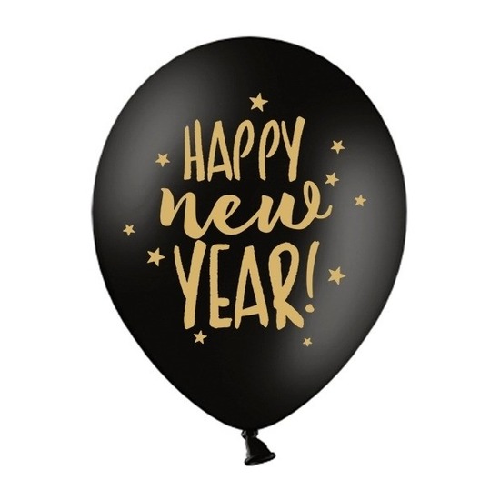 6x Happy New Year ballonnen met ster zwart 30 cm
