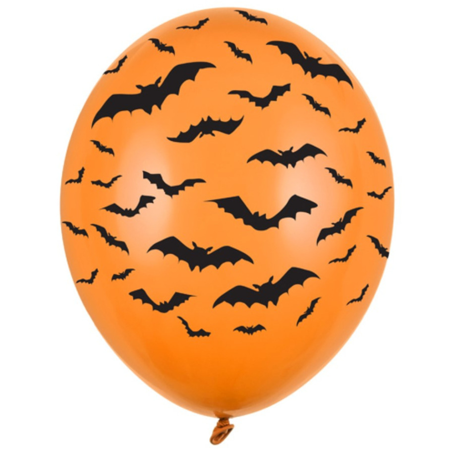 6x Mat oranje ballonnen met zwarte vleermuis print 30 cm Halloween feest/party versiering -