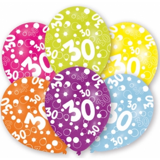 6x stuks feest ballonnen kleuren 30 jaar verjaardag