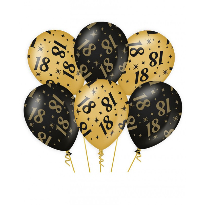 6x stuks leeftijd verjaardag feest ballonnen 18 jaar geworden zwart/goud 30 cm