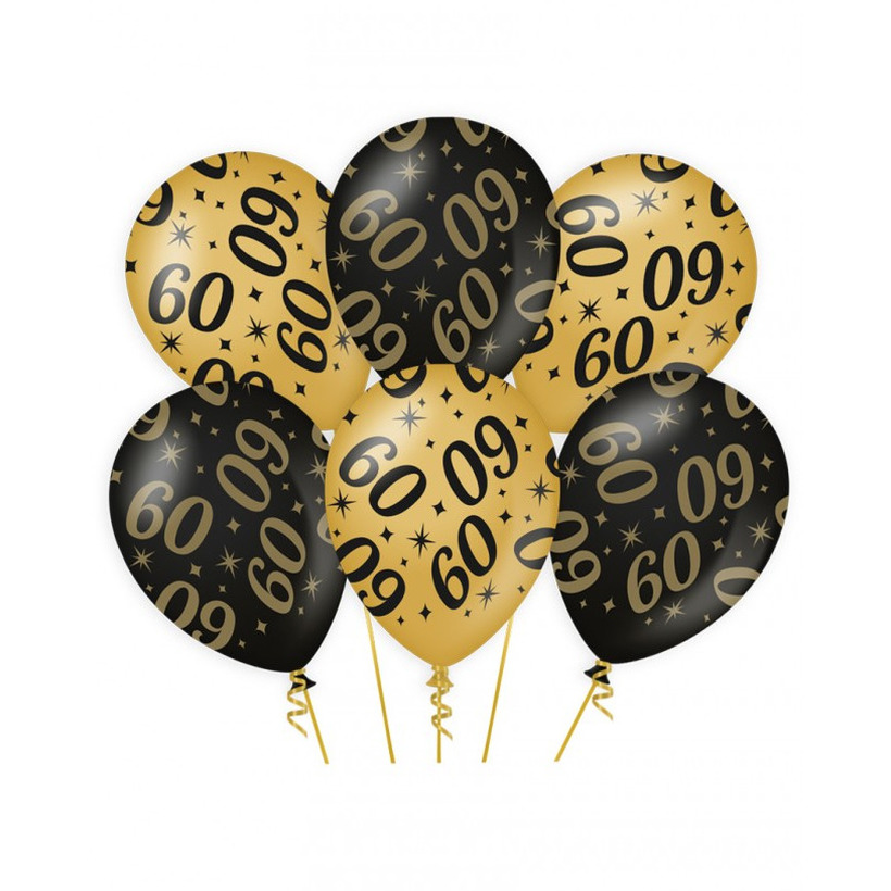 6x stuks leeftijd verjaardag feest ballonnen 60 jaar geworden zwart/goud 30 cm