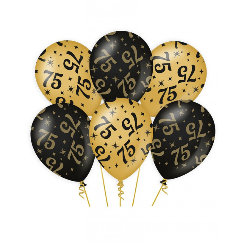 6x stuks leeftijd verjaardag feest ballonnen 75 jaar geworden zwart/goud 30 cm
