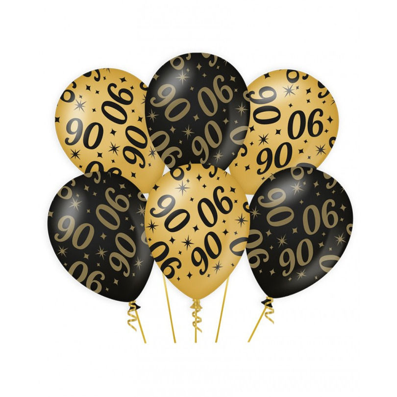 6x stuks leeftijd verjaardag feest ballonnen 90 jaar geworden zwart/goud 30 cm