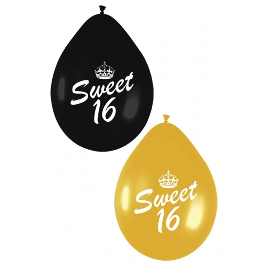 6x stuks leeftijd versiering 16 jaar ballonnen zwart/goud