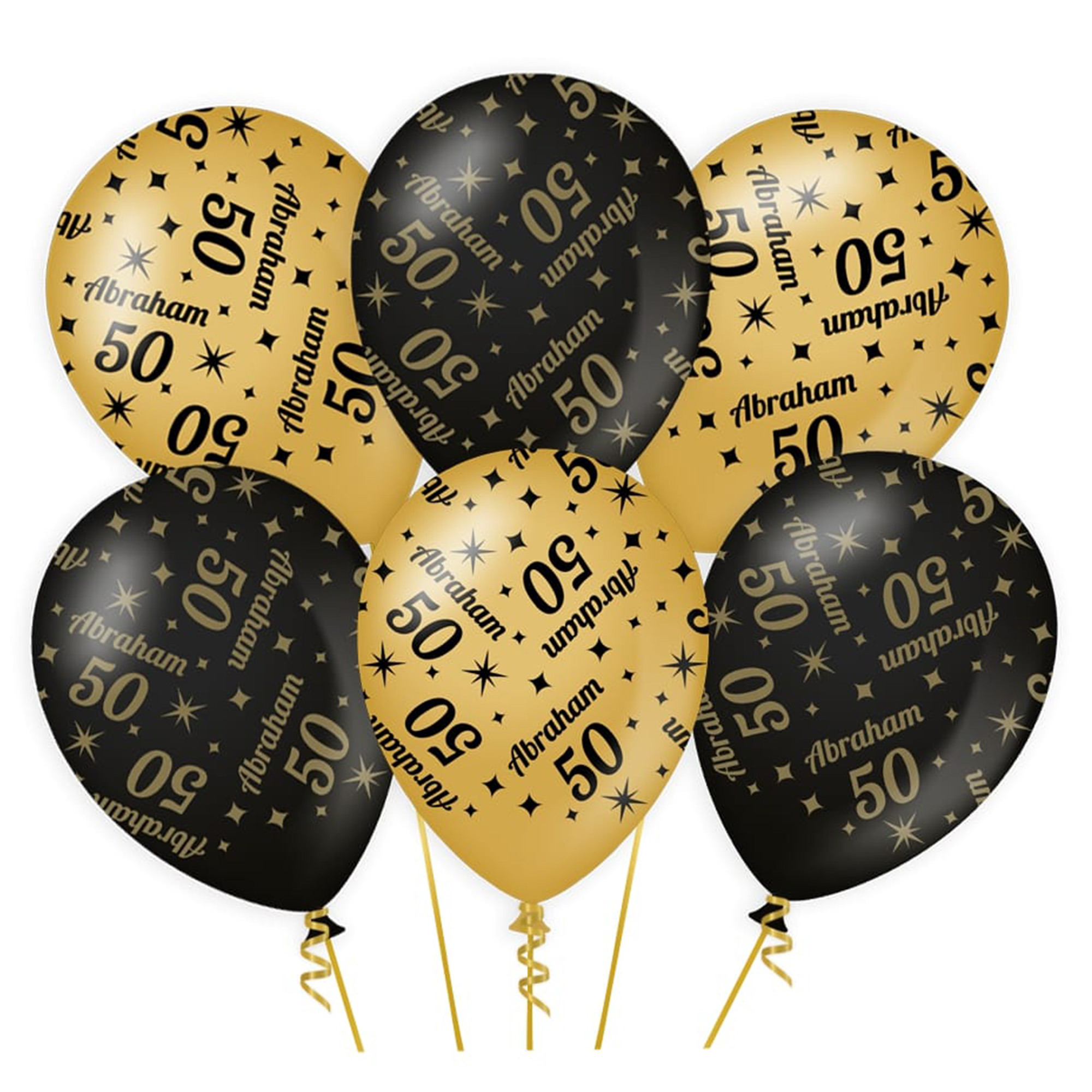 6x stuks luxe Abraham/50 jaar feest ballonnen - zwart/goud - latex - ca 30 cm -
