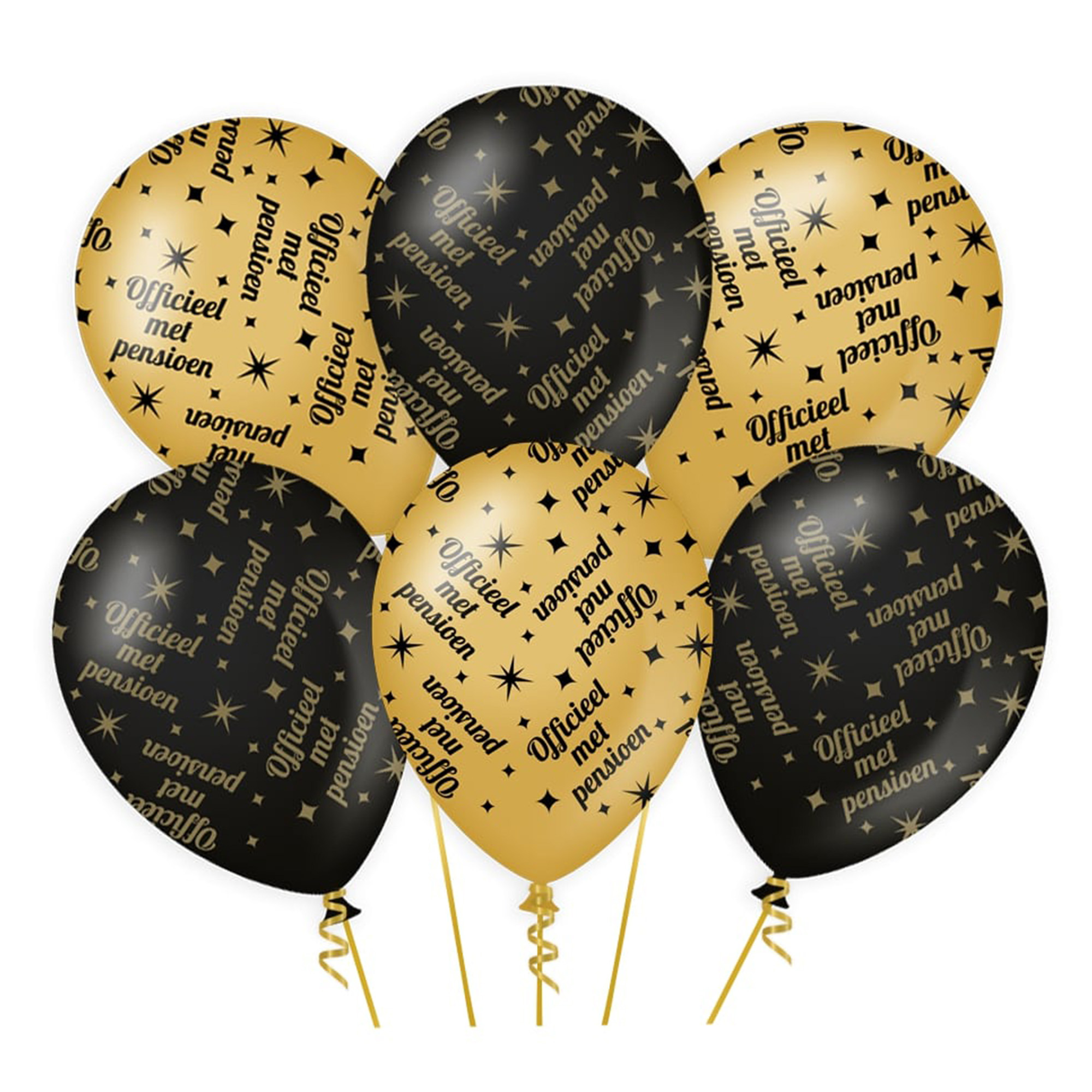6x stuks luxe pensioen feest/party ballonnen - goud/zwart - latex - ca 30 cm -
