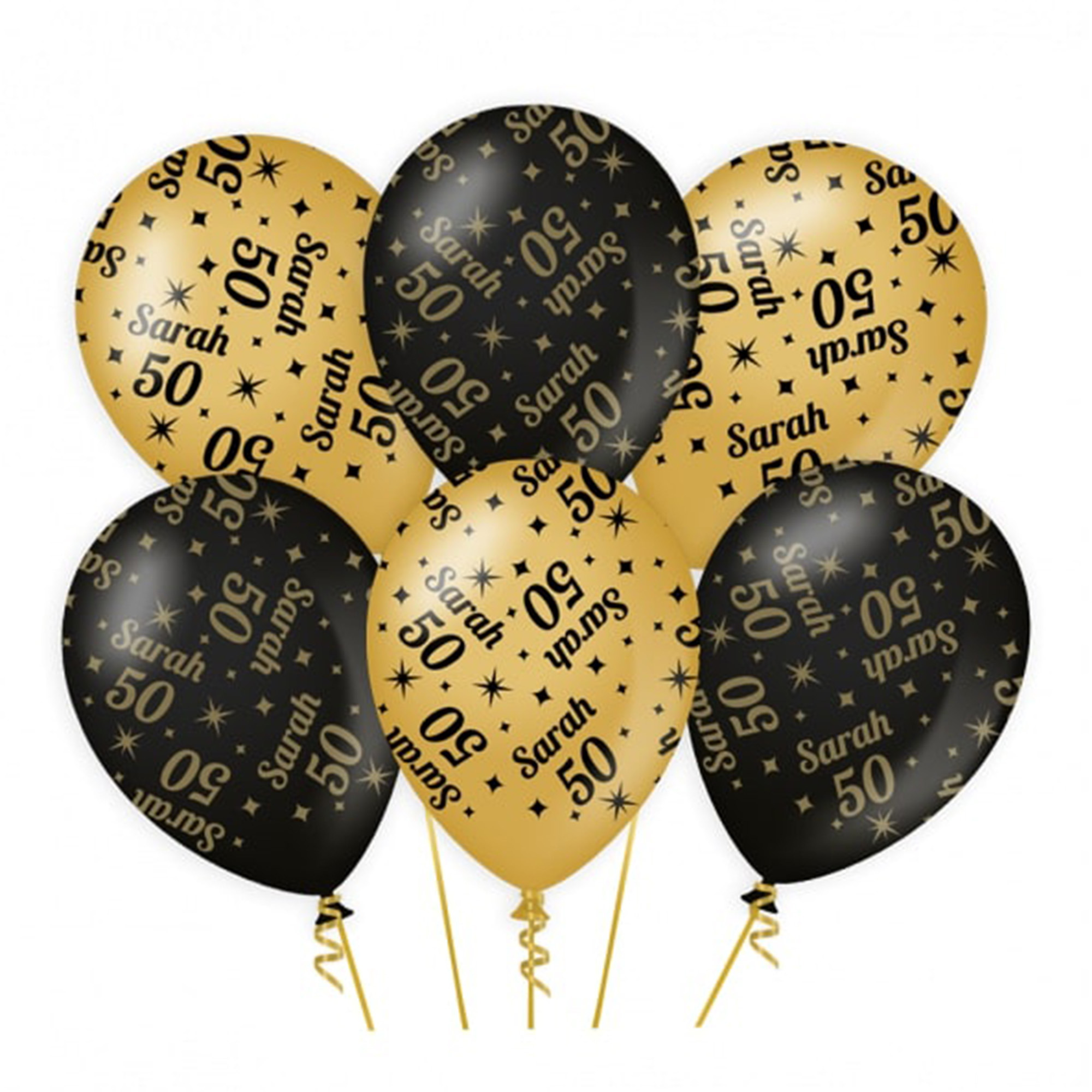 6x stuks luxe Sarah/50 jaar feest ballonnen - goud/zwart - latex - ca 30 cm -