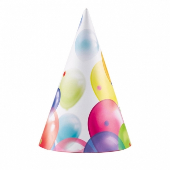 8x Feestelijke hoedjes met ballonnen opdruk karton -