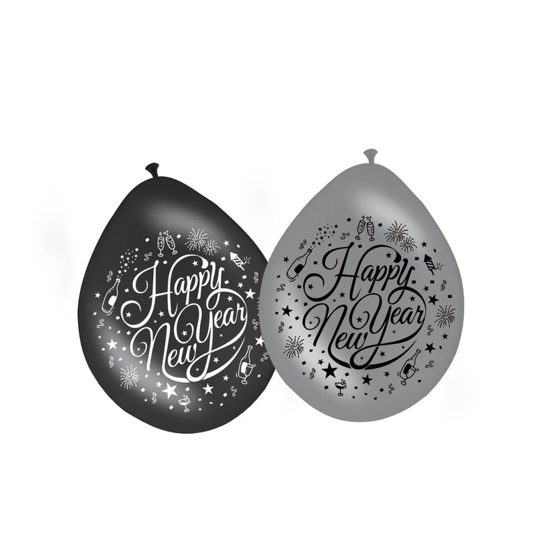 8x stuks Happy New Year ballonnen zwart/zilver -