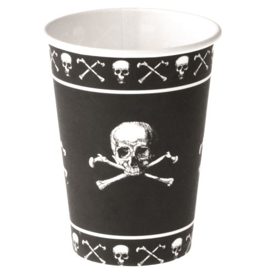 8x stuks zwarte piraten thema drink bekers met doodshoofd 250 ml -