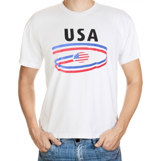 Usa t shirt voor heren. wit heren t shirt met een opdruk van de amerikaanse vlag en de tekst: usa. kwaliteit: ...