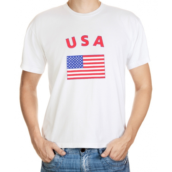 Wit unisex t shirt met de vlag van amerika. kwaliteit: 150 grams. materiaal: 100% katoen.kijk ook voor ...