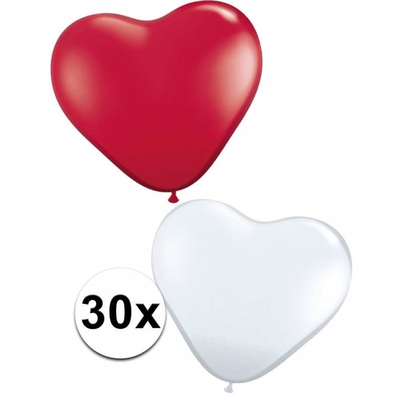 Ballonnen in de vorm van rode en witte hartjes 30 st -