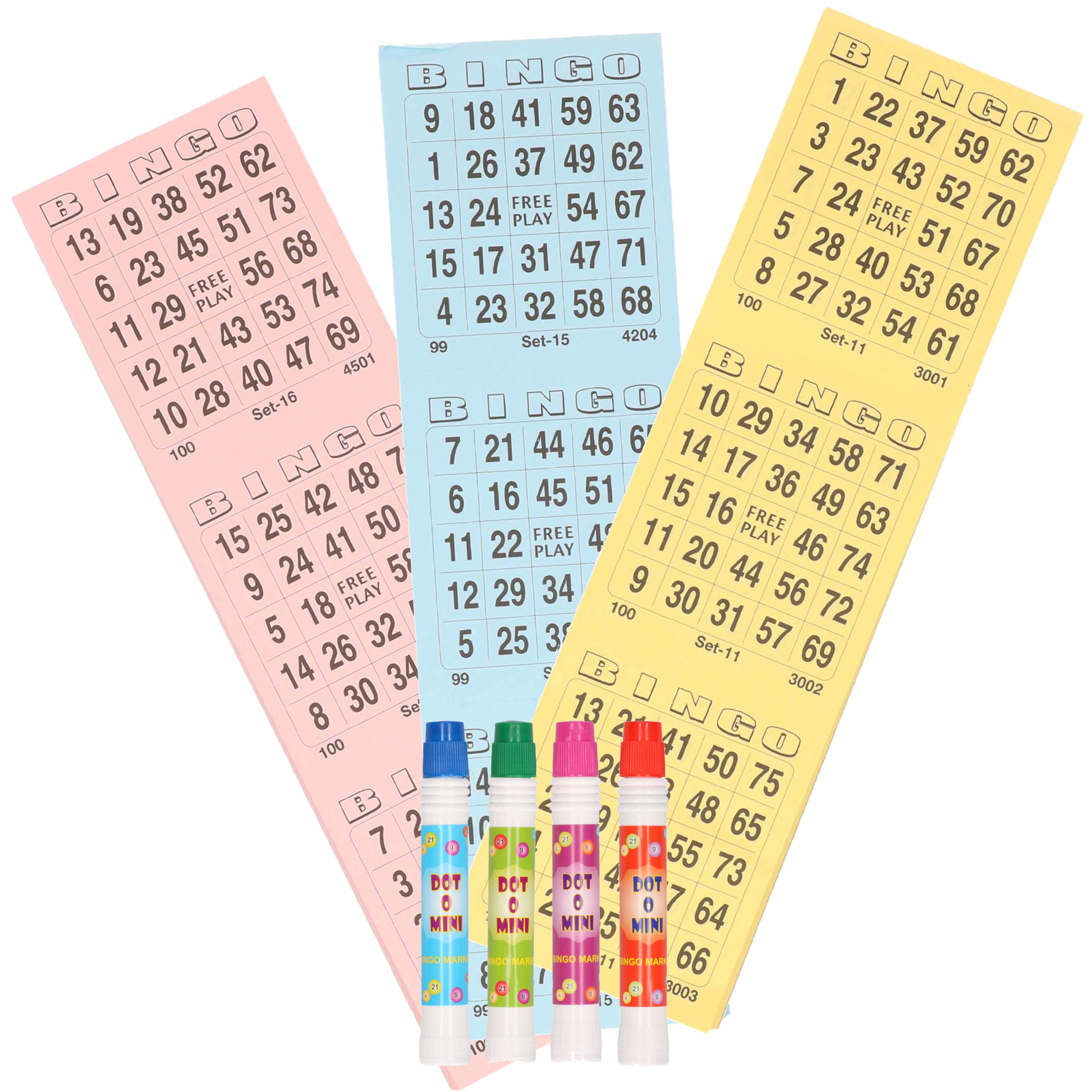 Bingo spel accessoires set nummers 1-75/150x bingokaarten/4x bingostiften - Voor 4 personen - Bingospel - Bingo spellen - Bingo spelen