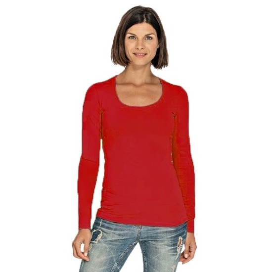 Rode longsleeve shirt met ronde hals voor dames | Fun Feest