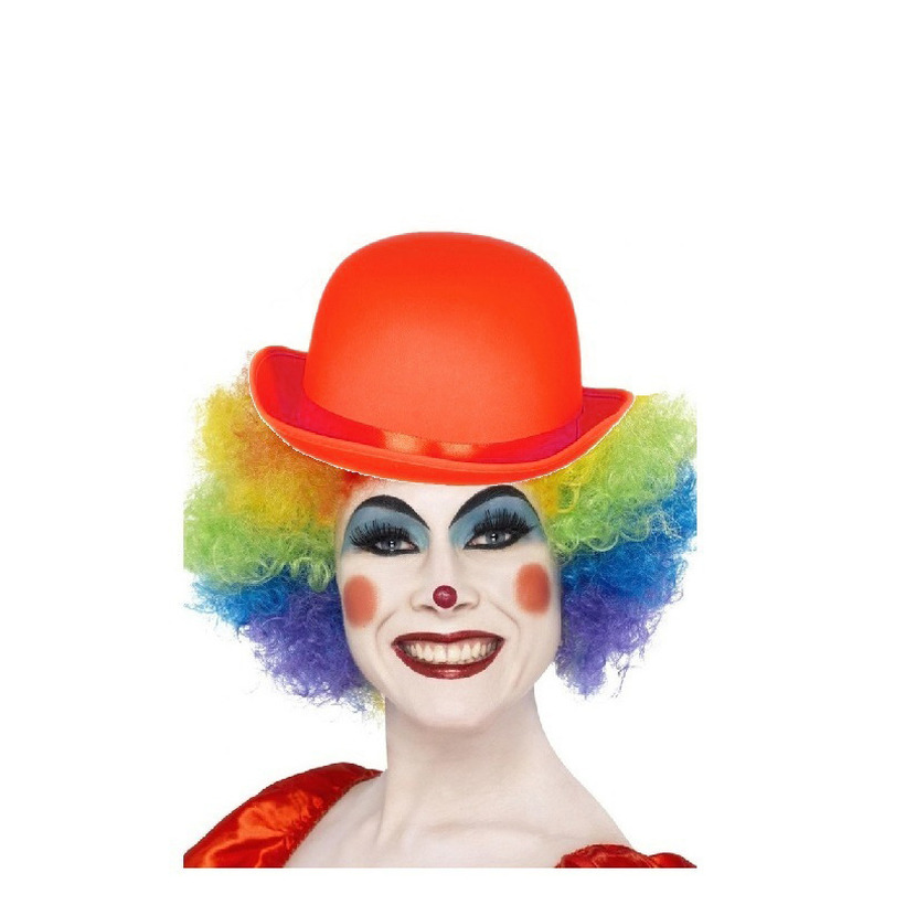 Clown verkleed set gekleurde pruik met bolhoed rood -