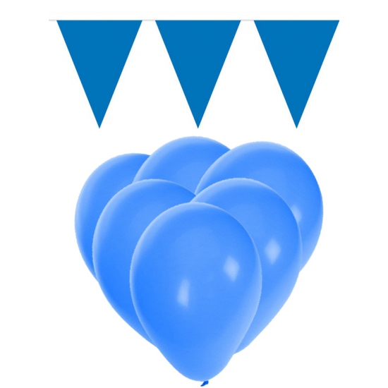 Decoratie blauw 15 ballonnen met 2 vlaggenlijnen