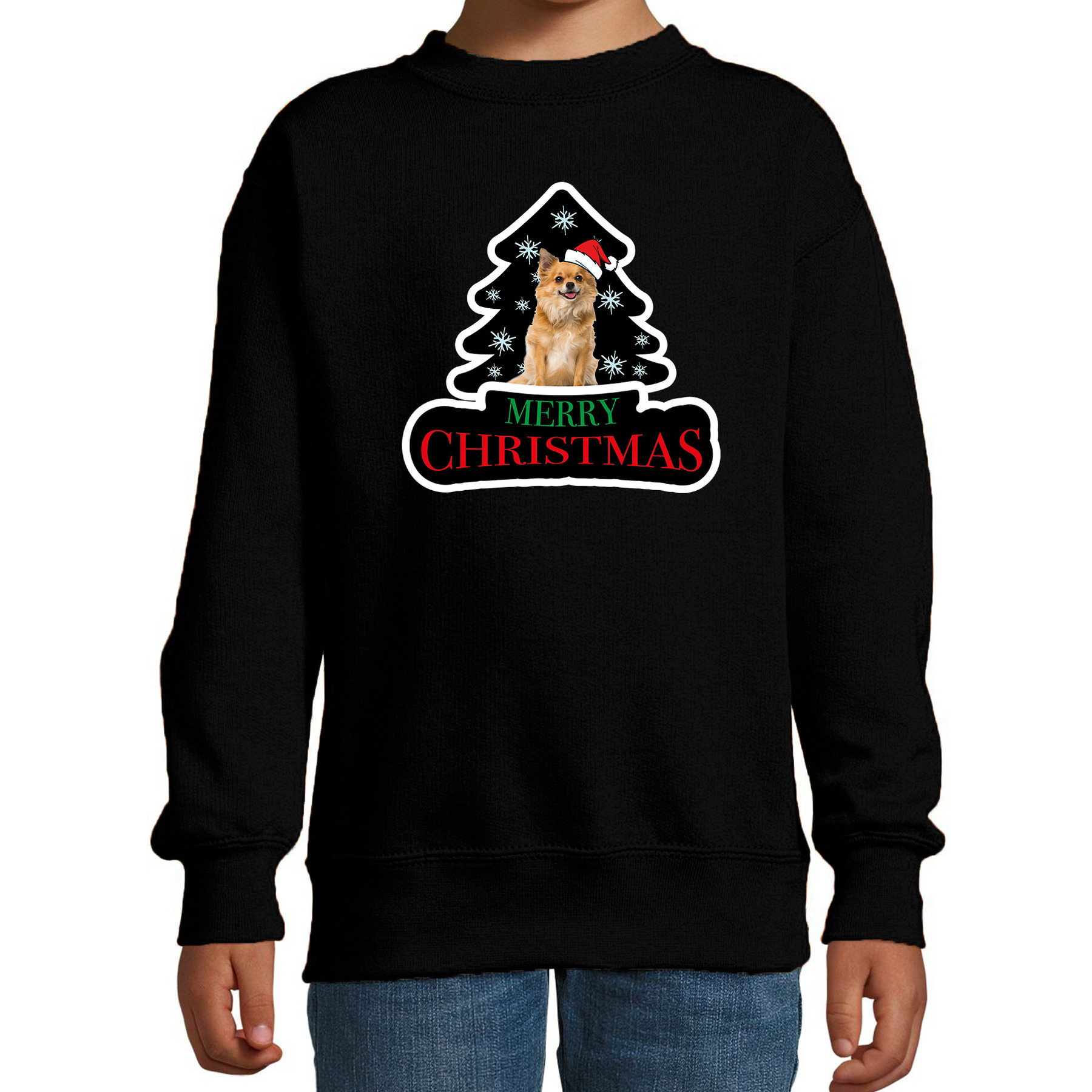 Dieren kersttrui chihuahua zwart kinderen - Foute honden kerstsweater 5-6 jaar (110/116) -