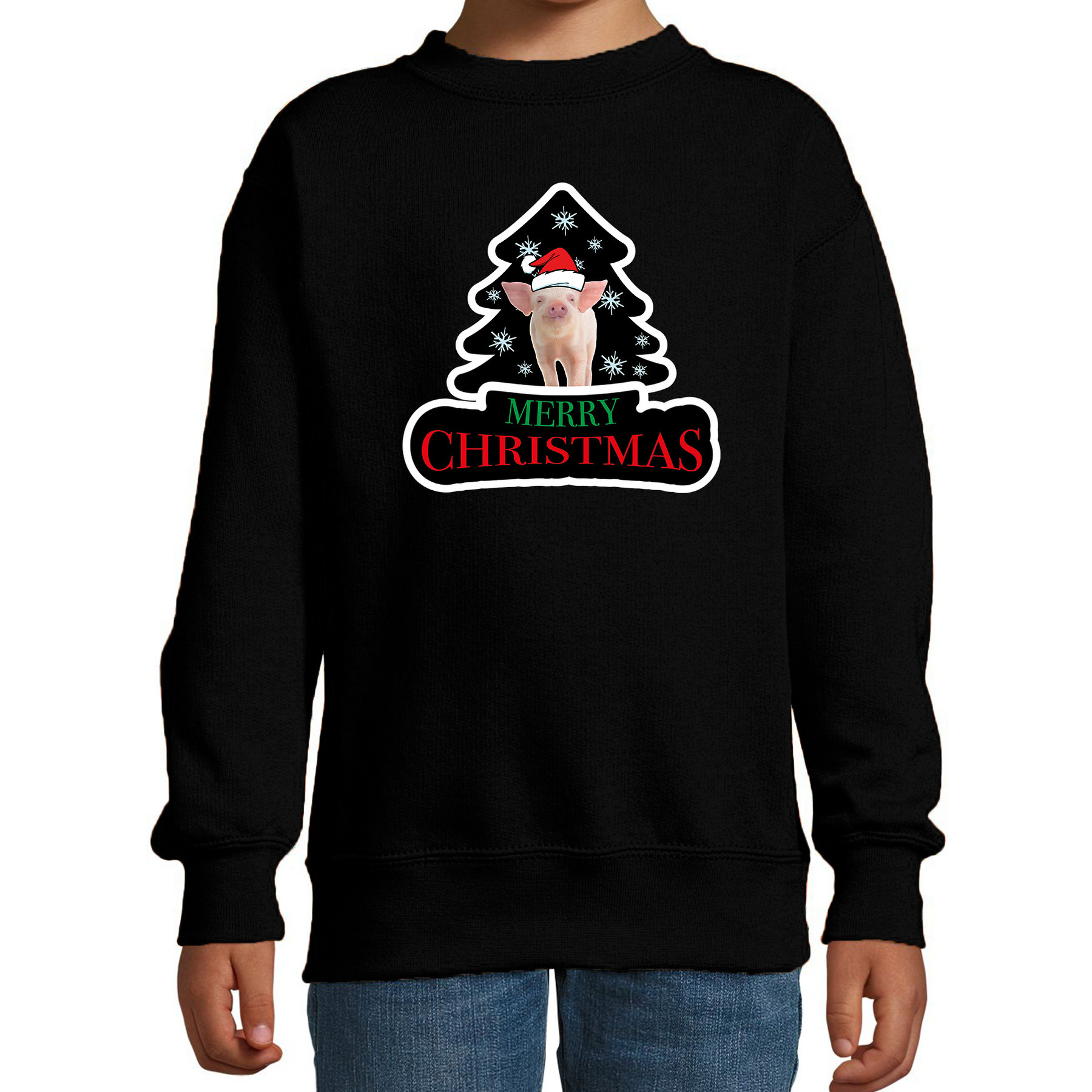 Dieren kersttrui varken zwart kinderen - Foute varkens kerstsweater 9-11 jaar (134/146) -