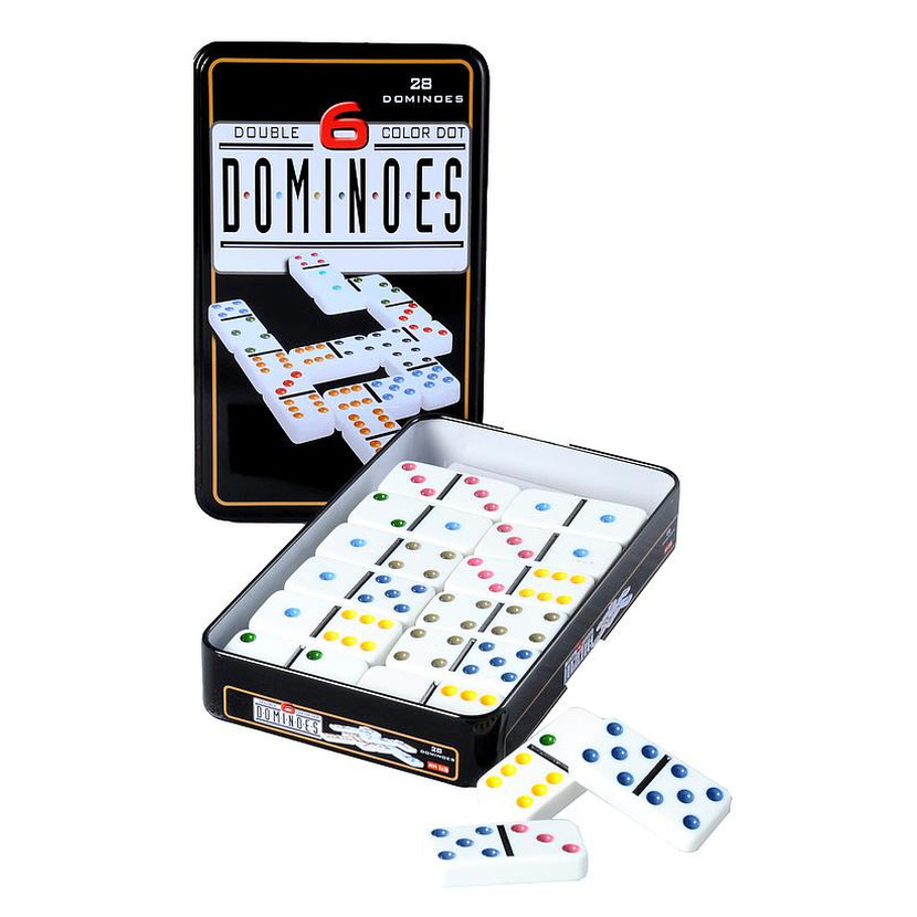 Domino spel dubbel/double 6 in blik en 28x gekleurde stenen -