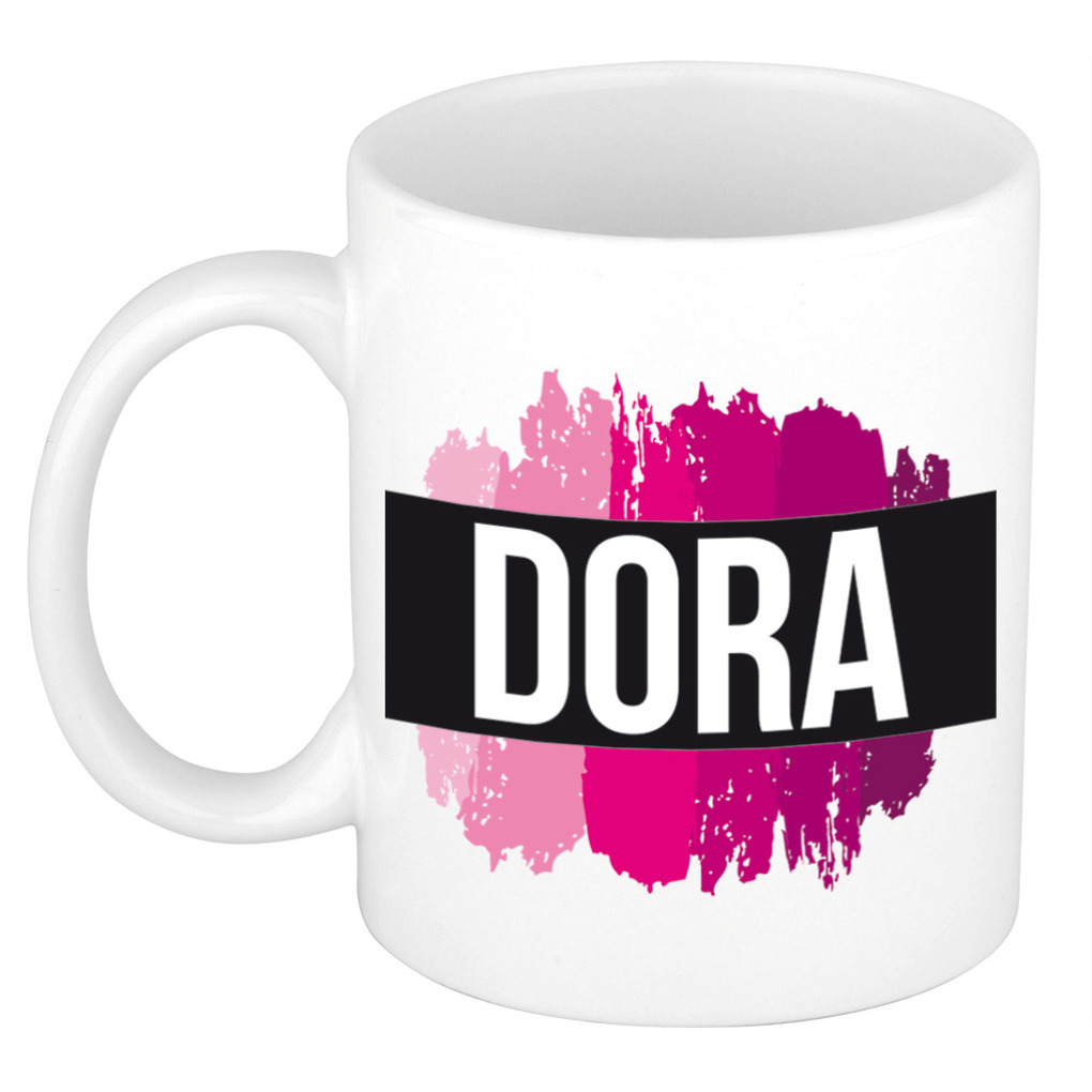 Dora naam / voornaam kado beker / mok roze verfstrepen - Gepersonaliseerde mok met naam