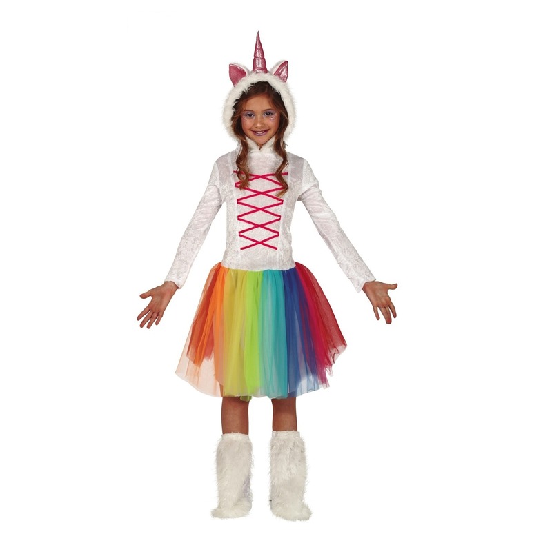 Eenhoorn dieren jurkje wit met regenboog voor meisjes 10-12 jaar (140-152) -
