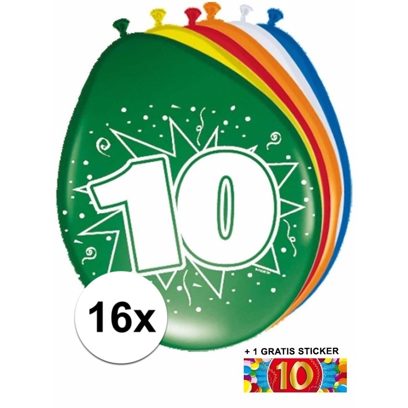 Feest ballonnen met 10 jaar print 16x + sticker -