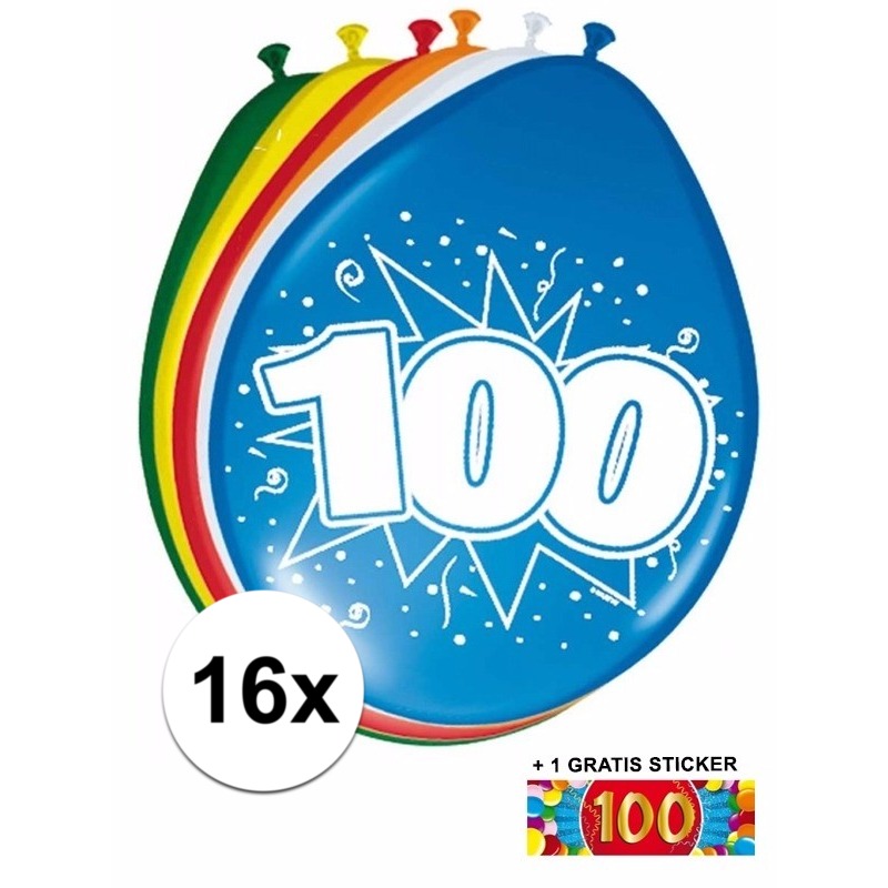 Feest ballonnen met 100 jaar print 16x + sticker -