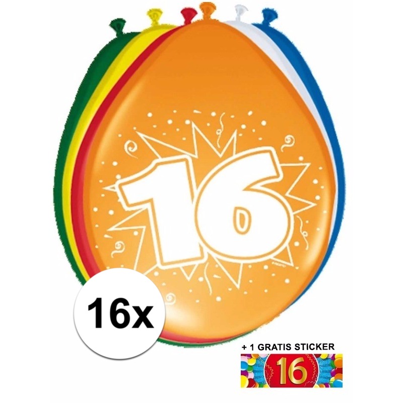Feest ballonnen met 16 jaar print 16x + sticker -