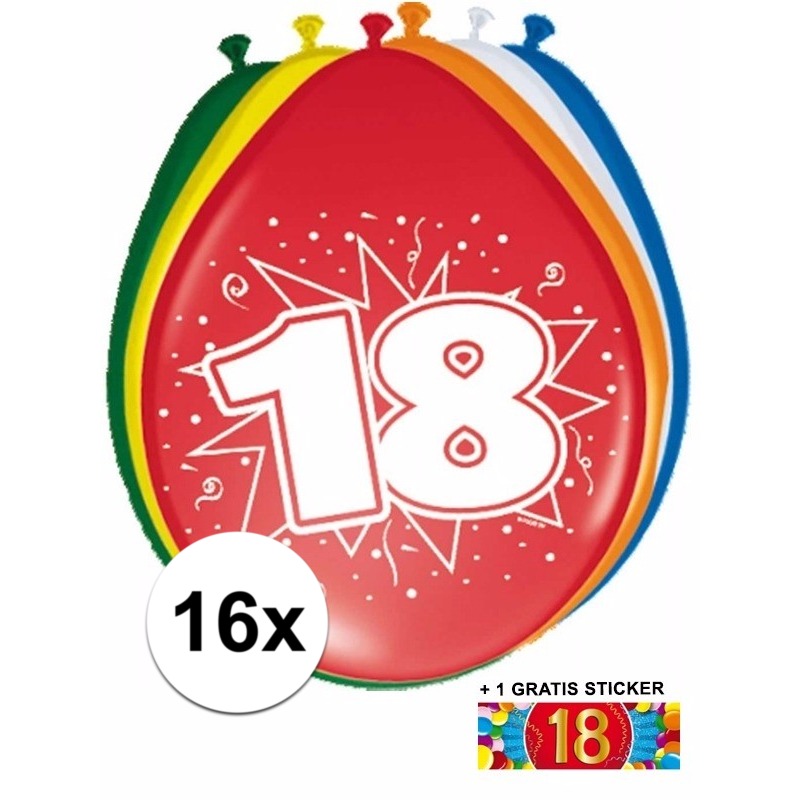 Feest ballonnen met 18 jaar print 16x + sticker -