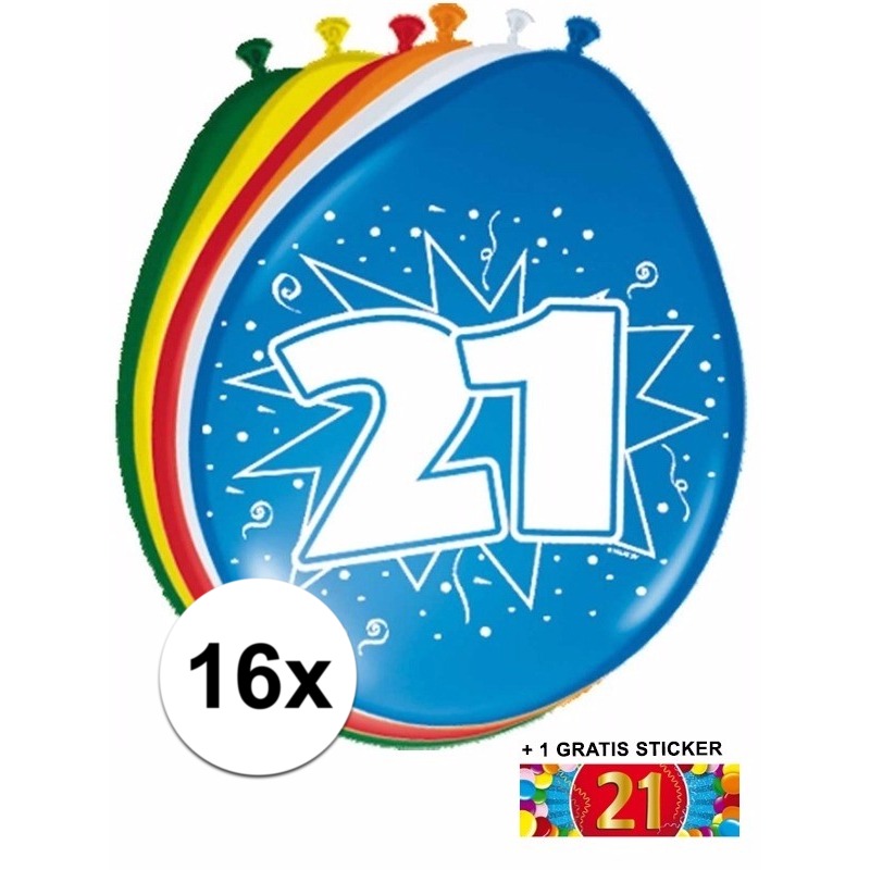 Feest ballonnen met 21 jaar print 16x + sticker -