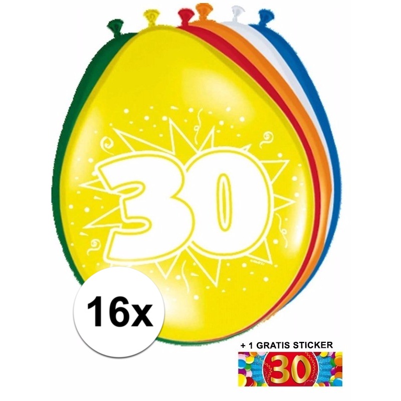 Feest ballonnen met 30 jaar print 16x + sticker -