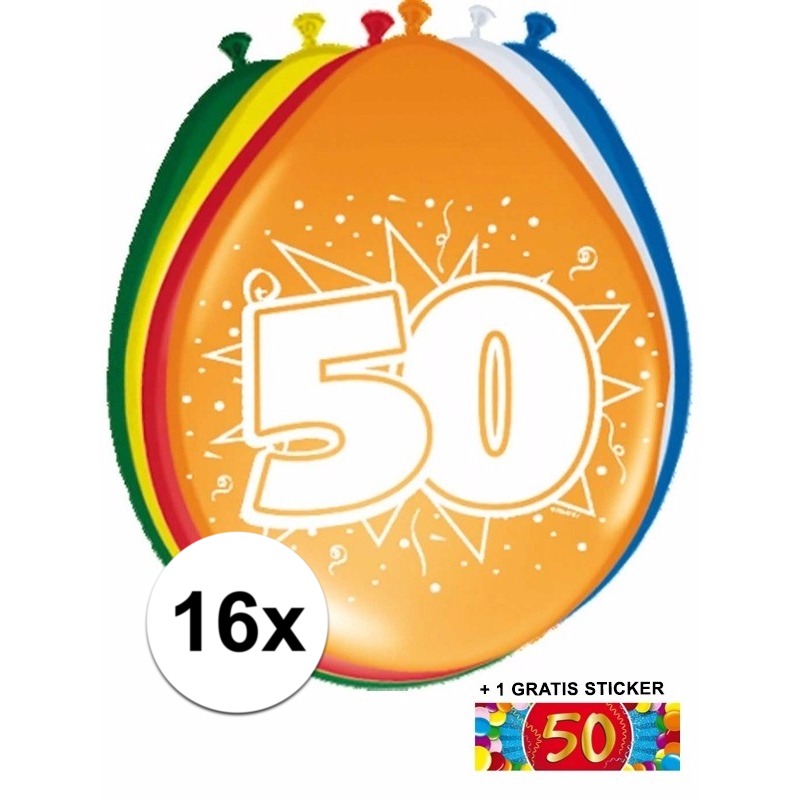 Feest ballonnen met 50 jaar print 16x + sticker -