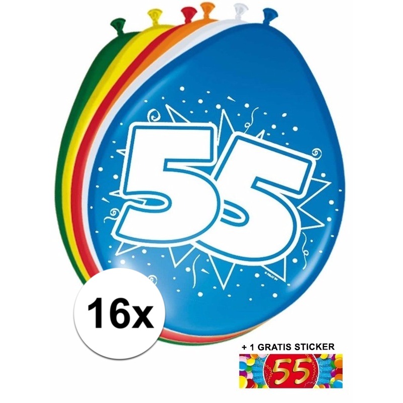 Feest ballonnen met 55 jaar print 16x + sticker