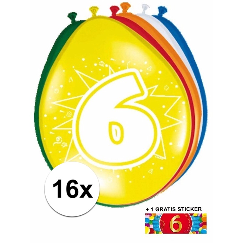 Feest ballonnen met 6 jaar print 16x + sticker -