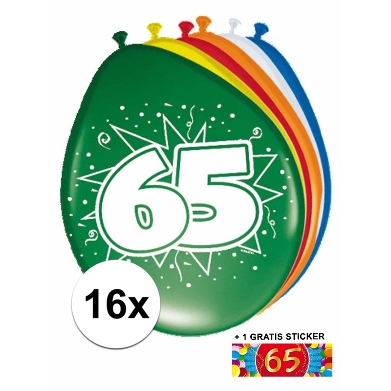 Feest ballonnen met 65 jaar print 16x + sticker
