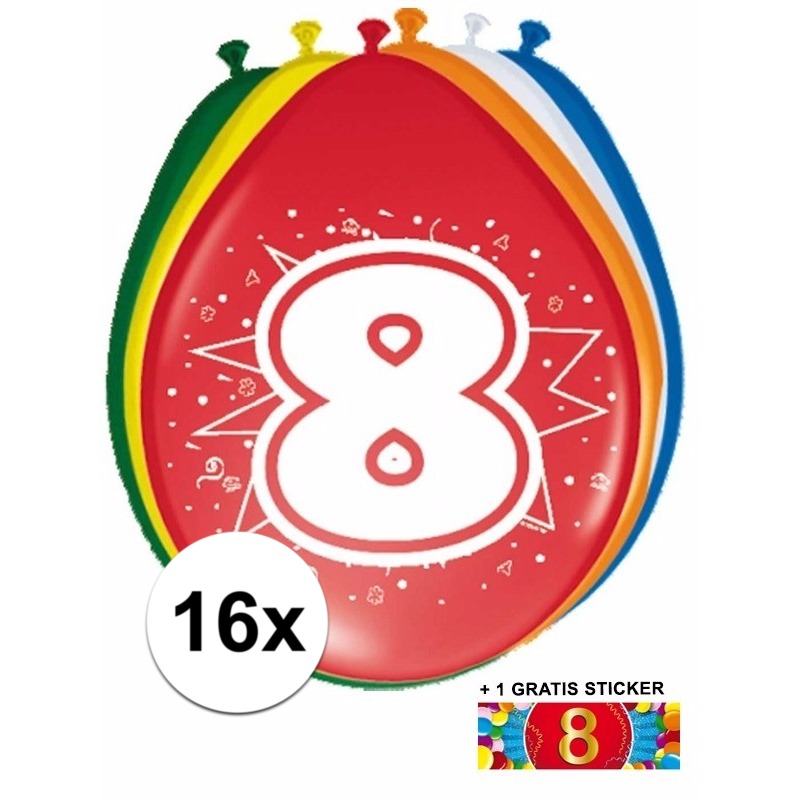 Feest ballonnen met 8 jaar print 16x + sticker
