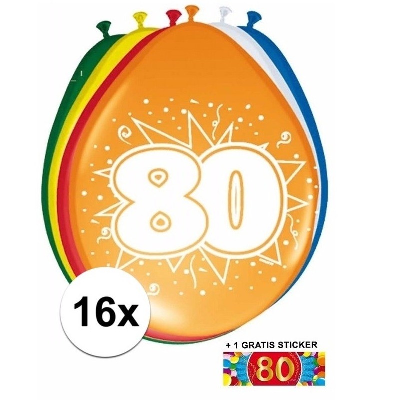 Feest ballonnen met 80 jaar print 16x + sticker -