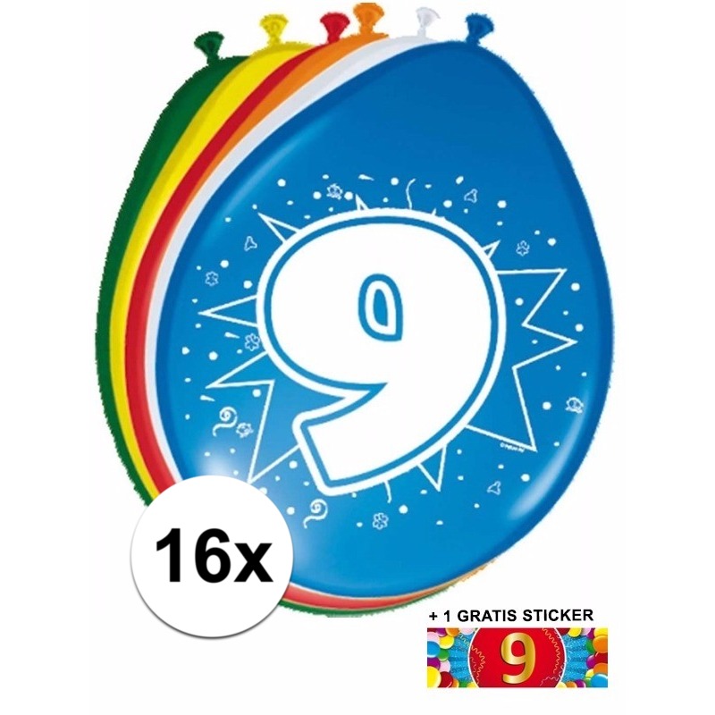 Feest ballonnen met 9 jaar print 16x + sticker -