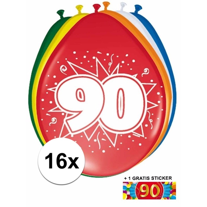 Feest ballonnen met 90 jaar print 16x + sticker